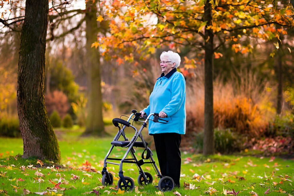 Mujer Senior con walker en otoño parque